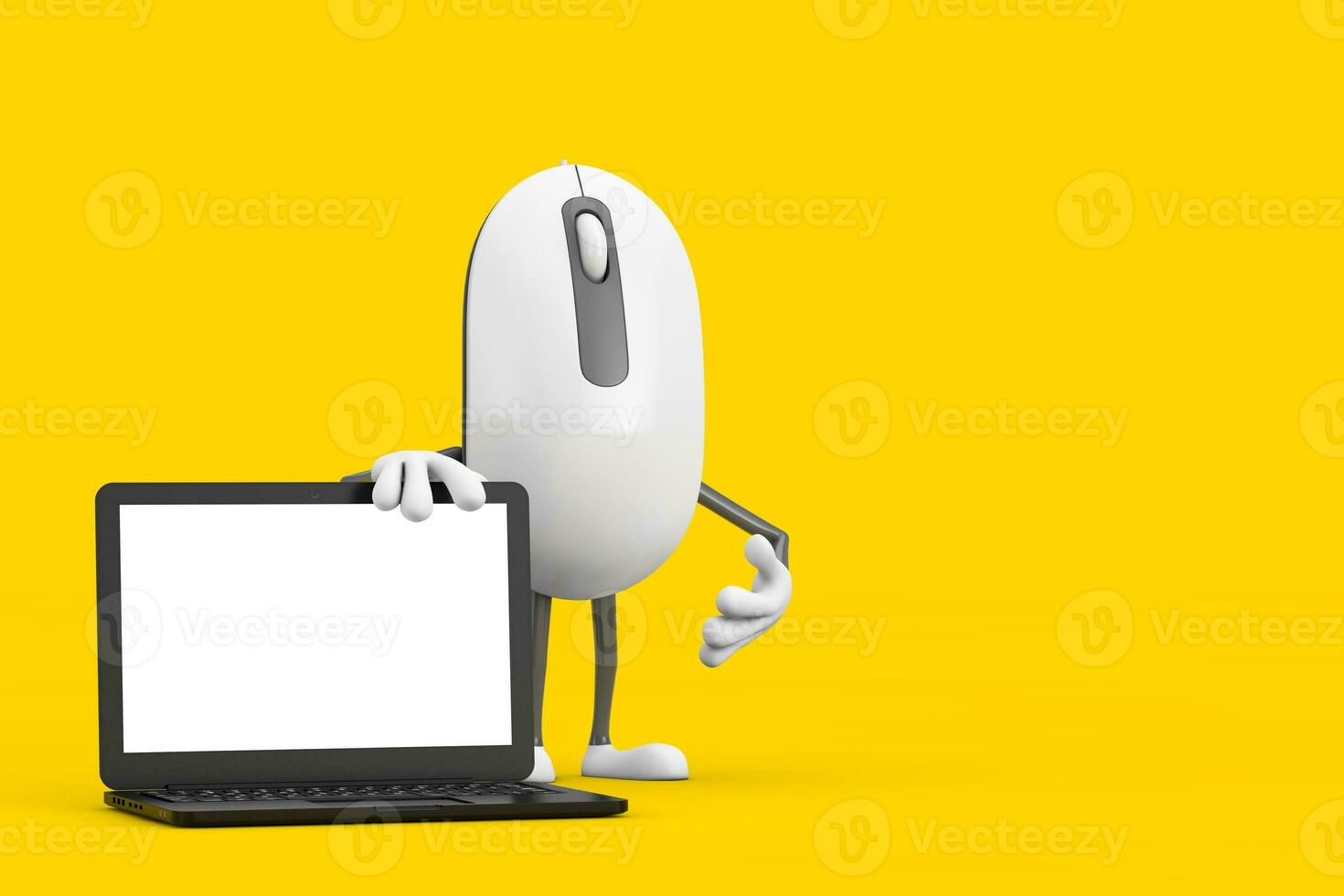 Computer Mouse Cartoon Person Character Mascot with Modern Laptop Computer Notebook and Blank Screen for Your Design. 3d Rendering photo
