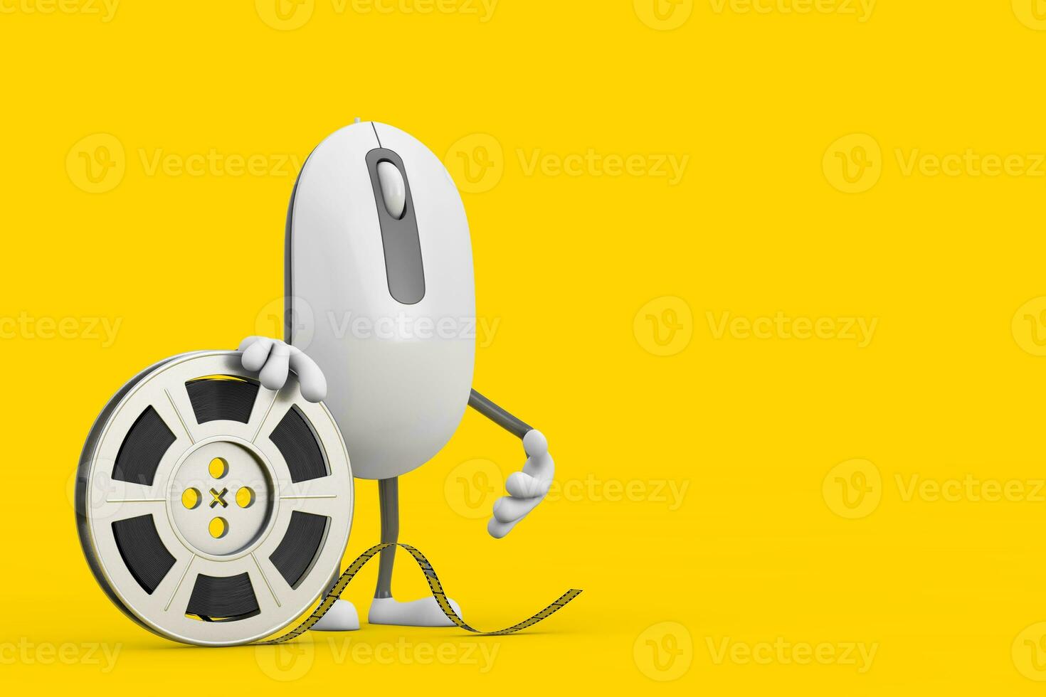 Computer Mouse Cartoon Person Character Mascot with Film Reel Cinema Tape. 3d Rendering photo