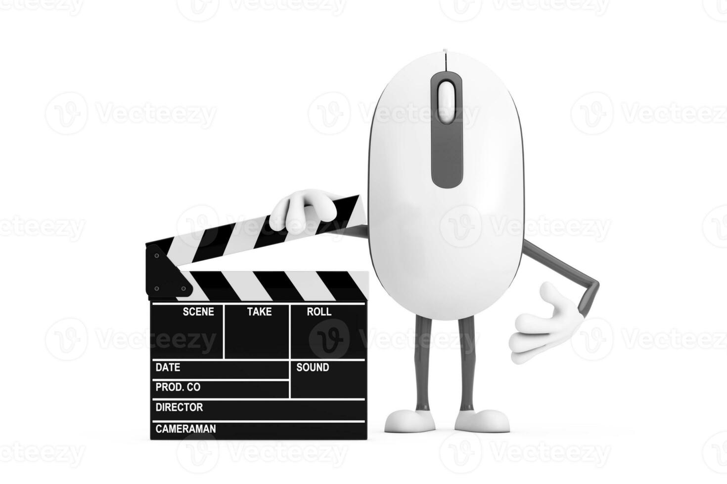 Computer Mouse Cartoon Person Character Mascot with Movie Clapper Board. 3d Rendering photo