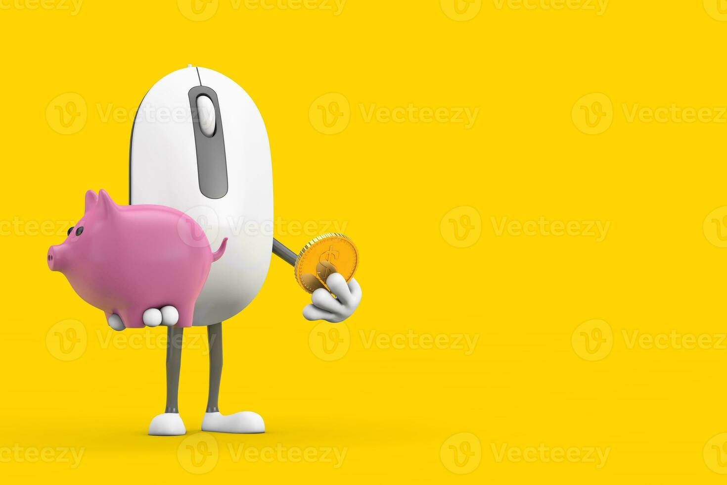 Computer Mouse Cartoon Person Character Mascot with Piggy Bank and Golden Dollar Coin. 3d Rendering photo