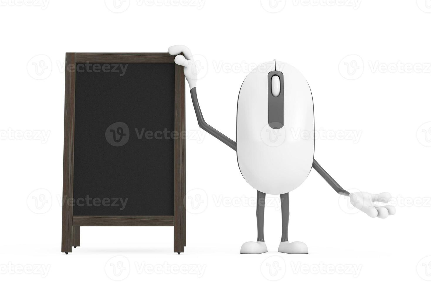 Computer Mouse Cartoon Person Character Mascot with Blank Wooden Menu Blackboards Outdoor Display. 3d Rendering photo