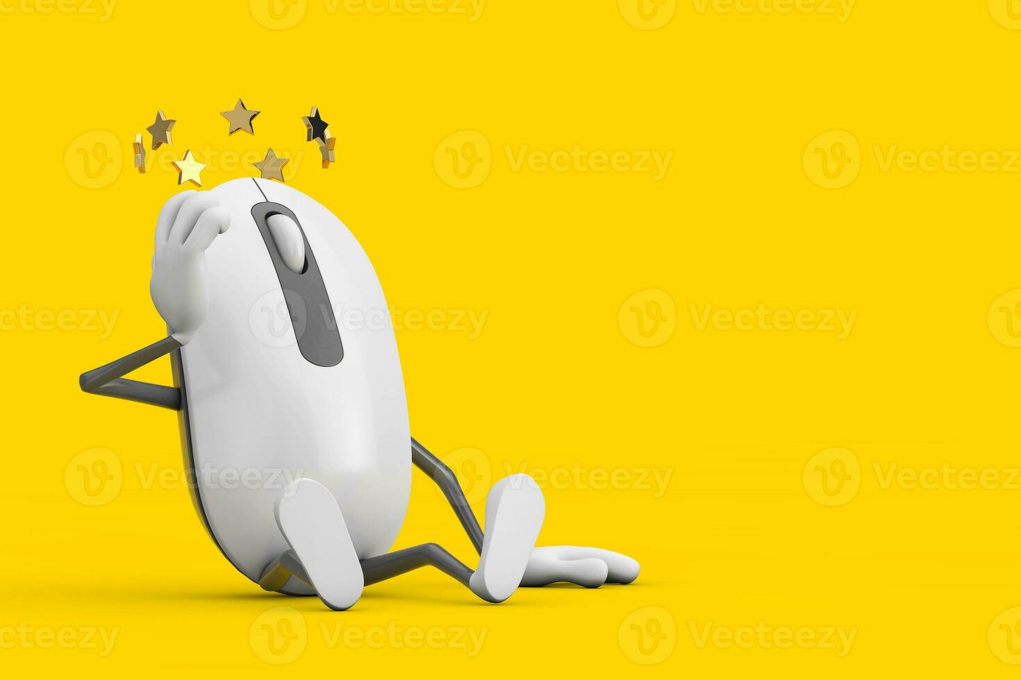 Seated Computer Mouse Cartoon Person Character Mascot with Stars Around Head. 3d Rendering photo