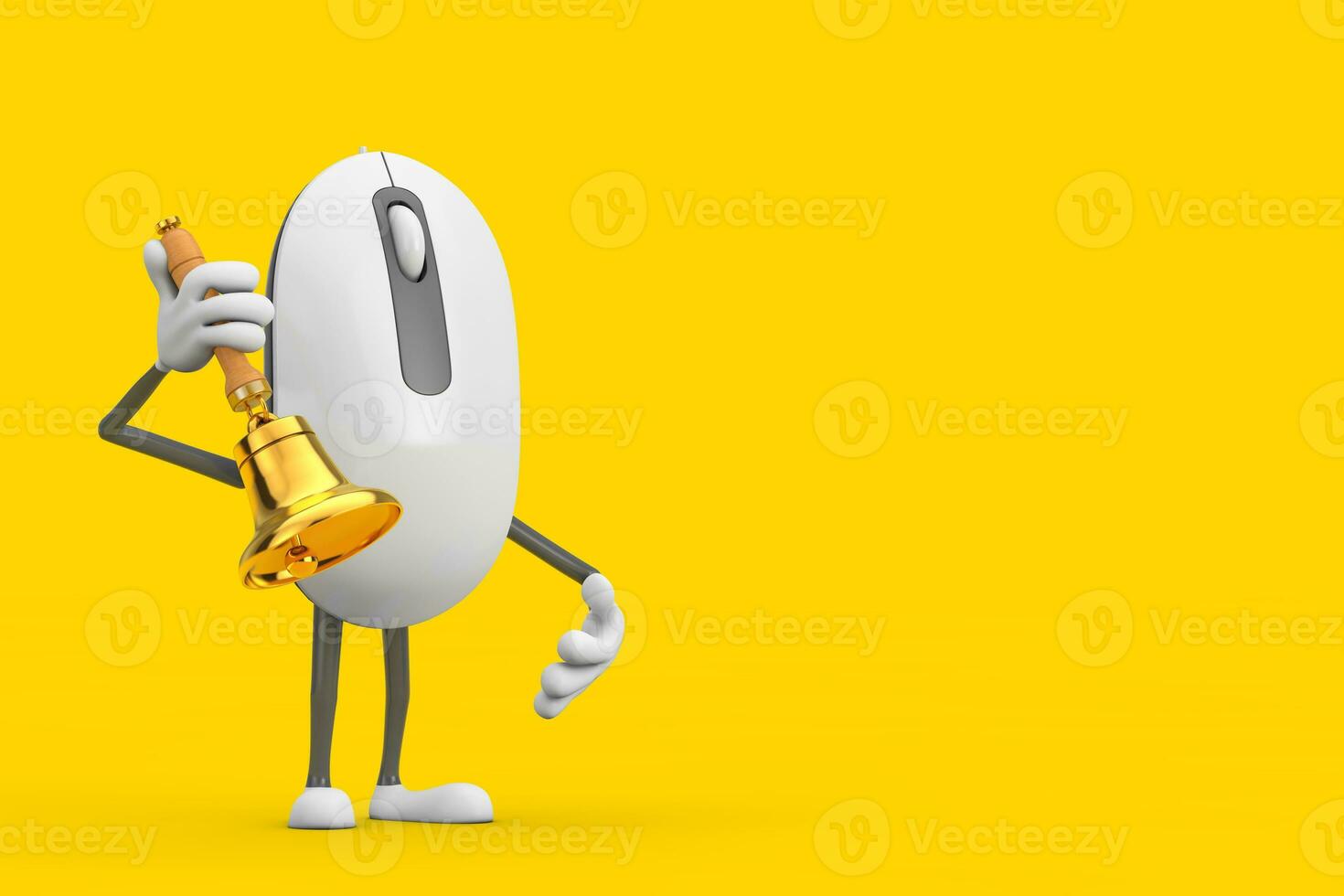 Computer Mouse Cartoon Person Character Mascot with Vintage Golden School Bell. 3d Rendering photo