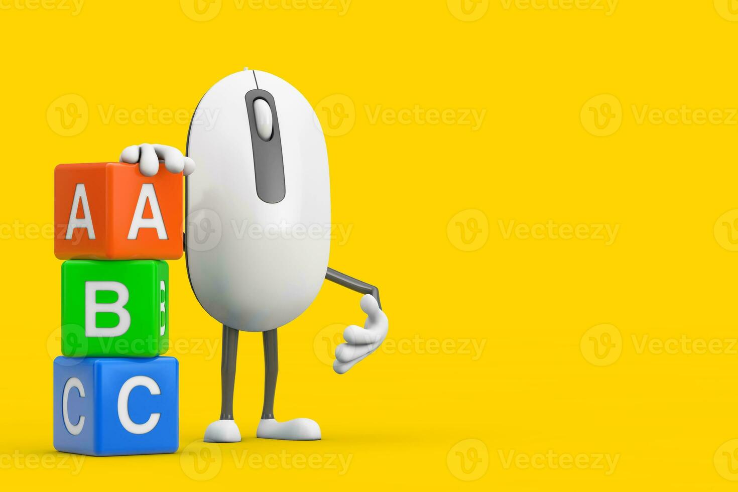 Computer Mouse Cartoon Person Character Mascot with Alphabet ABC Education Cubes. 3d Rendering photo