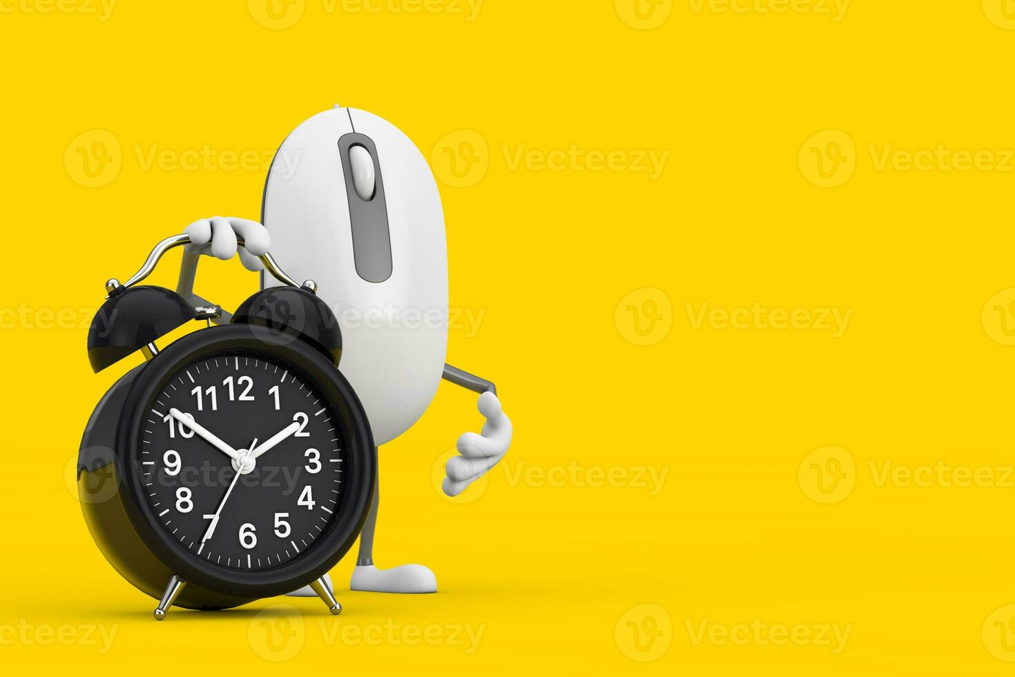 Computer Mouse Cartoon Person Character Mascot with Alarm Clock. 3d Rendering photo