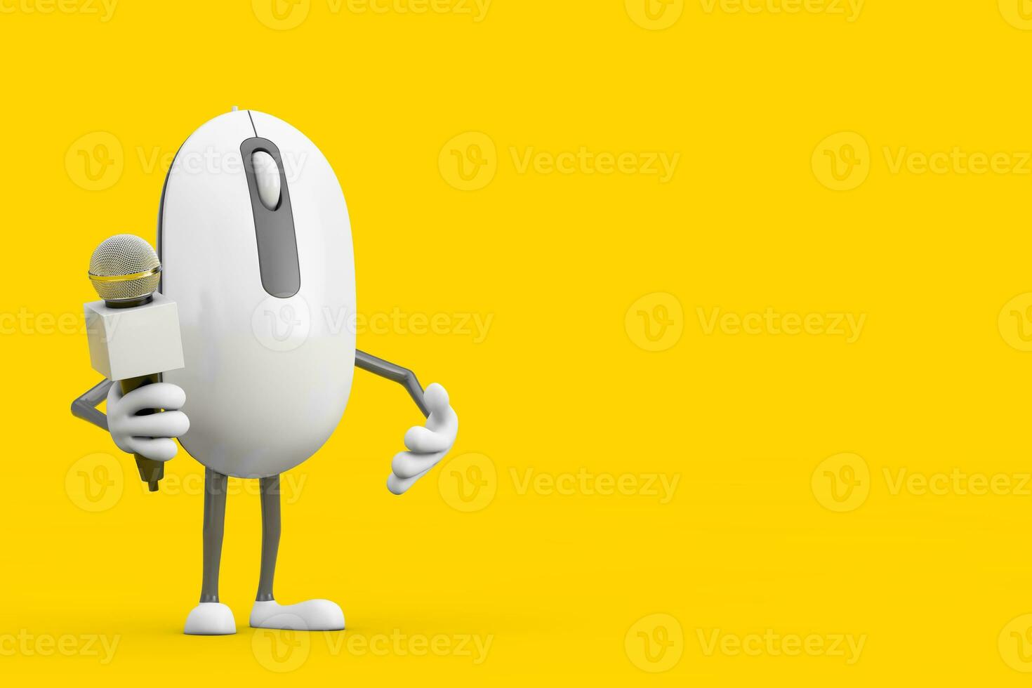 Computer Mouse Cartoon Person Character Mascot with Modern Chrome Microphone. 3d Rendering photo