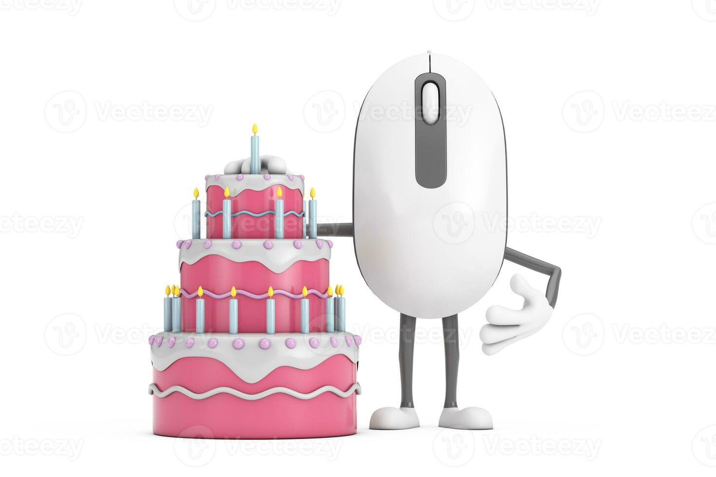Computer Mouse Cartoon Person Character Mascot with Birthday Cartoon Dessert Tiered Cake and Candles. 3d Rendering photo