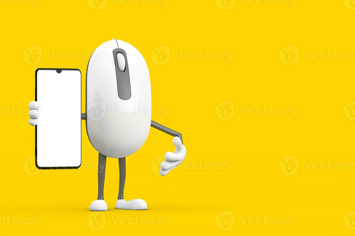 Computer Mouse Cartoon Person Character Mascot and Modern Mobile Phone with Blank Screen for Your Design. 3d Rendering photo