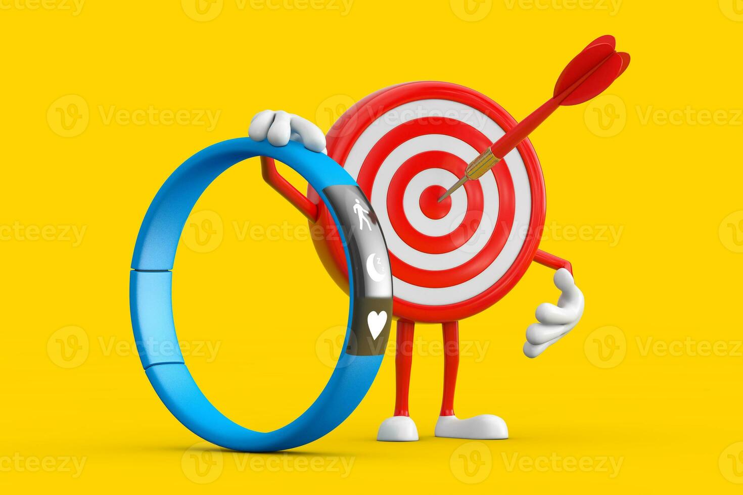 Archery Target and Dart in Center Cartoon Person Character Mascot with Blue Fitness Tracker. 3d Rendering photo