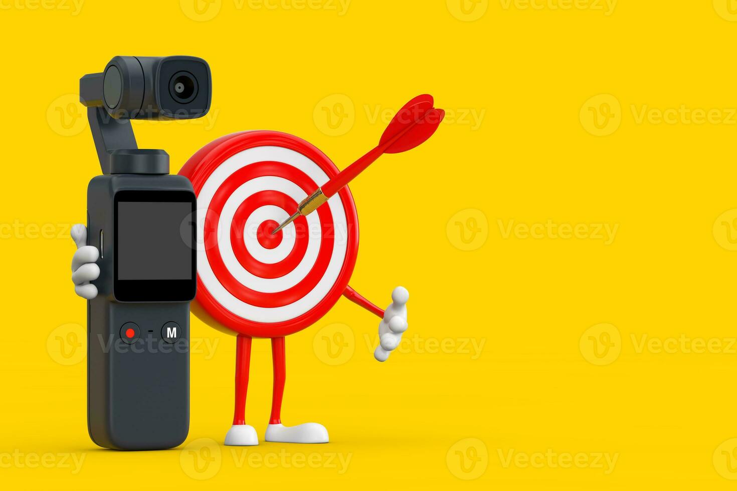 Archery Target and Dart in Center Cartoon Person Character Mascot with Pocket Gimbal Action Camera. 3d Rendering photo