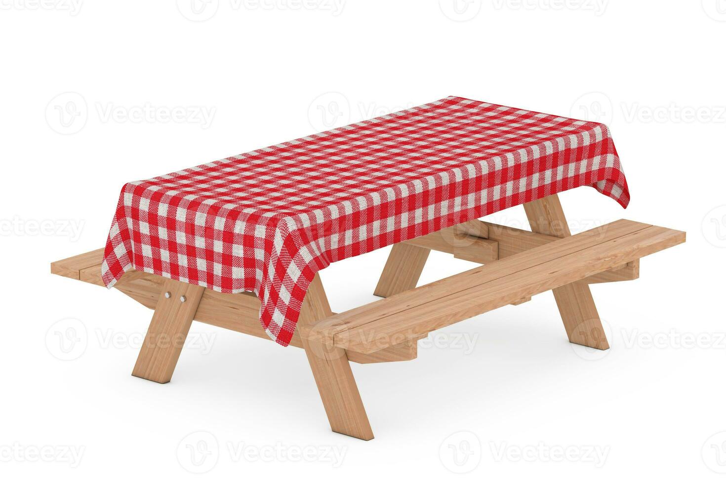 Wooden Picnic Table with Benches and Red Plaid Tablecloth. 3d Rendering photo