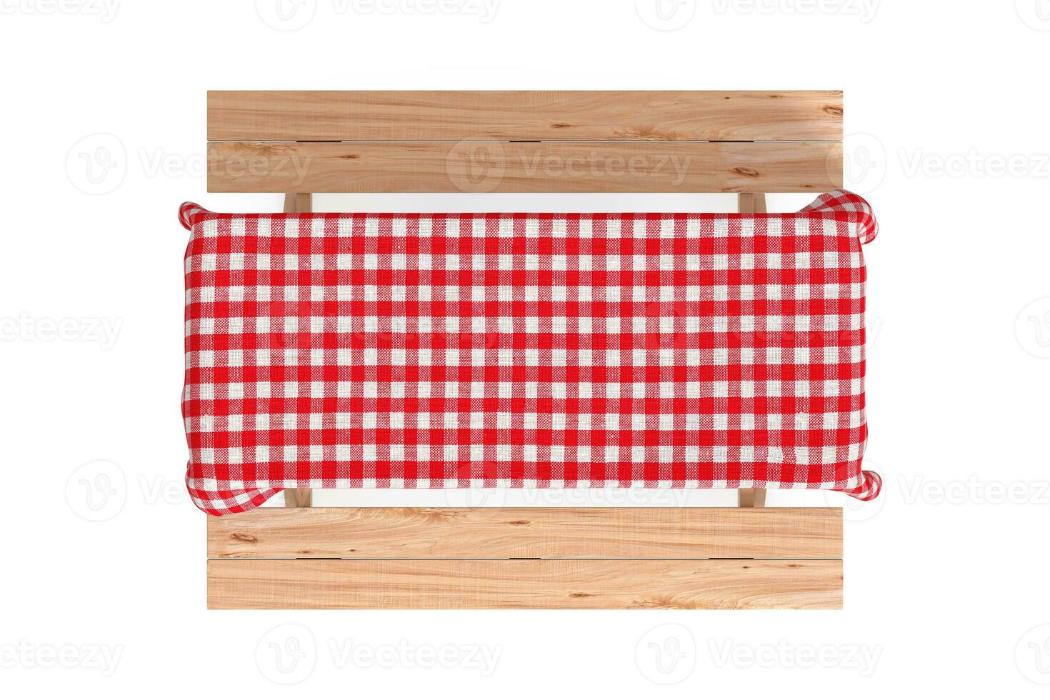 Top View of Wooden Picnic Table with Benches and Red Plaid Tablecloth. 3d Rendering photo