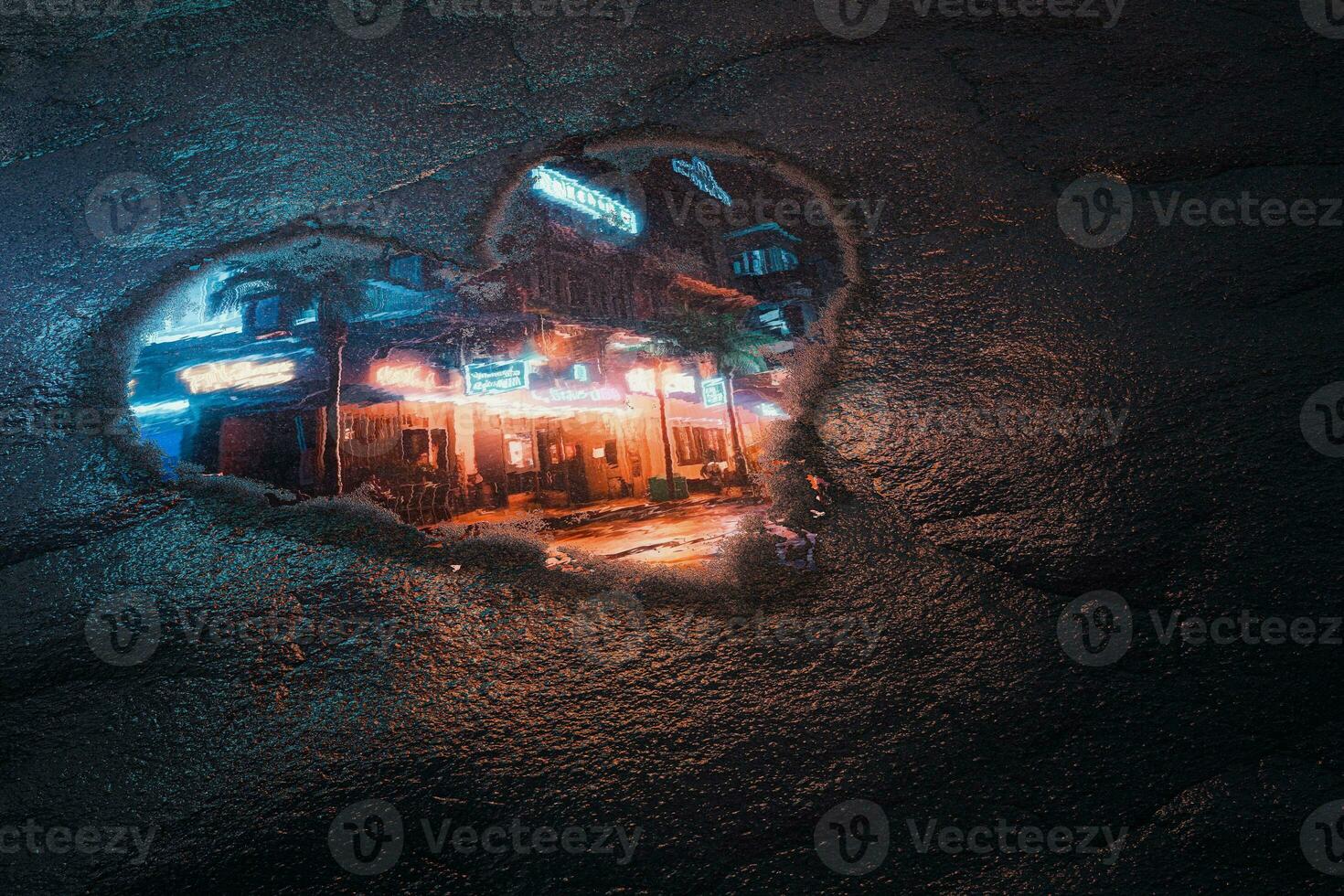 Love Tokyo Concept. Reflection of Downtown Night Neon Street Through Puddle in Shape of Heart. 3d Rendering photo
