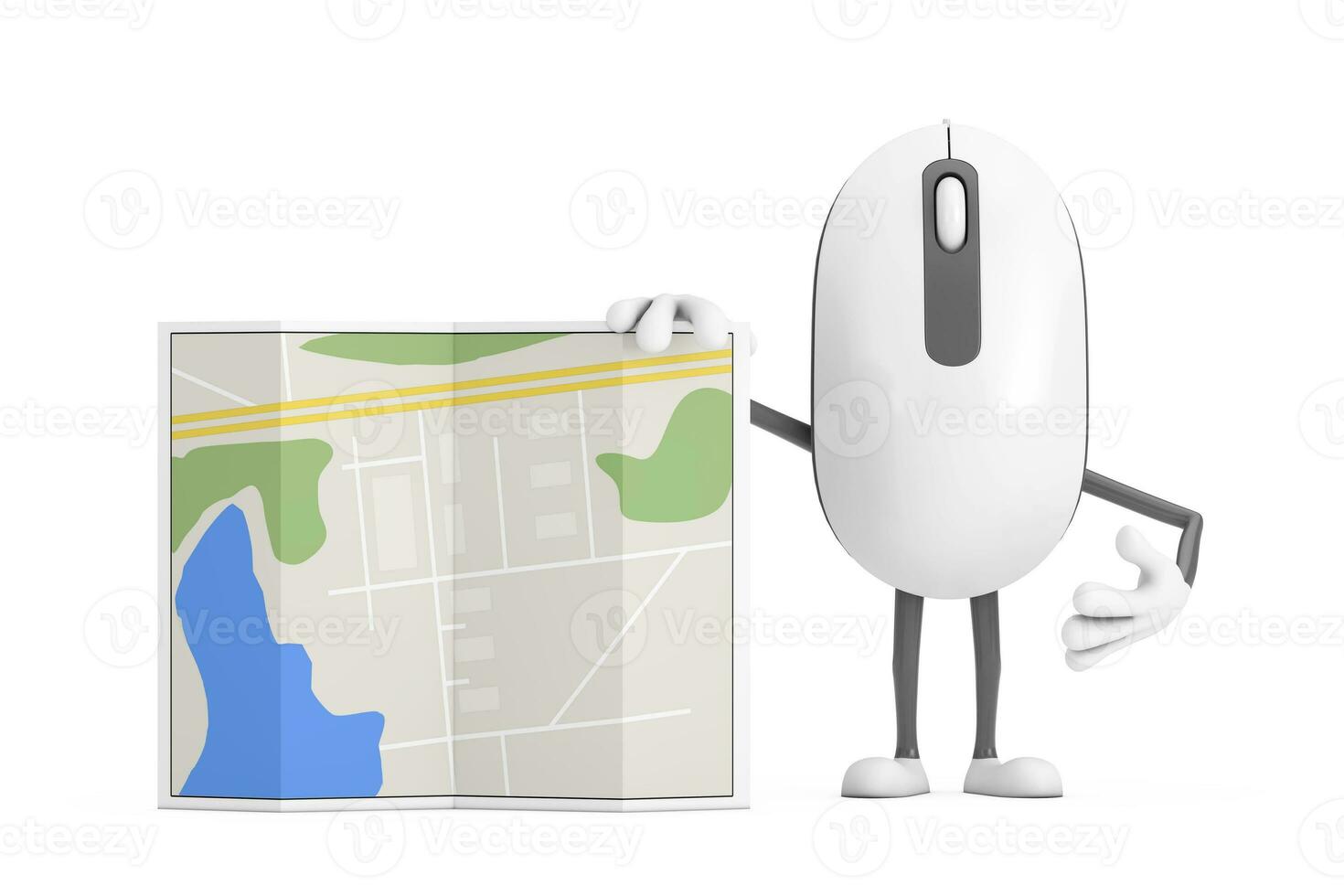 Computer Mouse Cartoon Person Character Mascot with Abstract City Plan Map. 3d Rendering photo