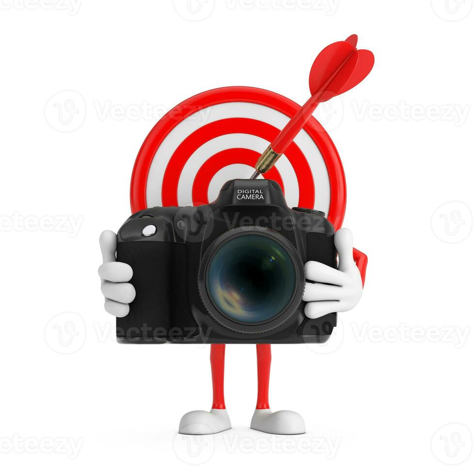 Archery Target and Dart in Center Cartoon Person Character Mascot with Modern Digital Photo Camera. 3d Rendering