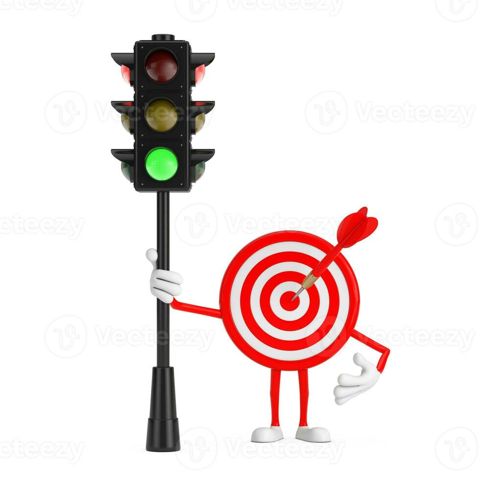 Archery Target and Dart in Center Cartoon Person Character Mascot with Traffic Green Light. 3d Rendering photo