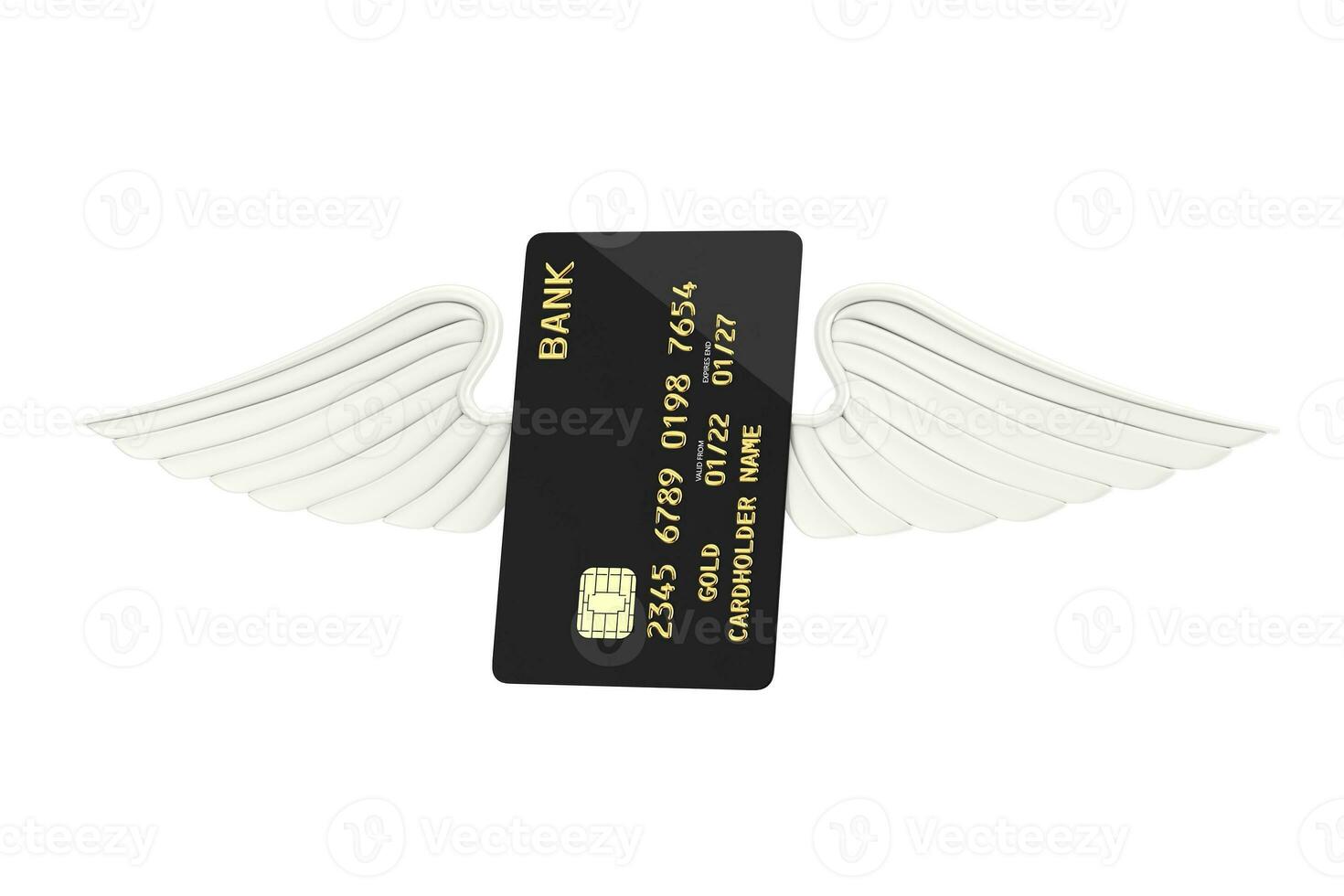 Black Plastic Golden Credit Card with Chip and Angel Wings. 3d Rendering photo