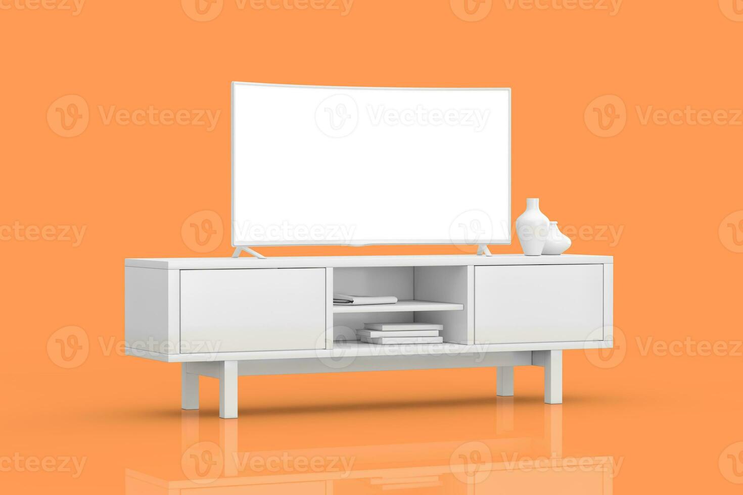 blanco moderno curvo LED o lcd inteligente televisión pantalla Bosquejo encima blanco consola estante en arcilla estilo. 3d representación foto