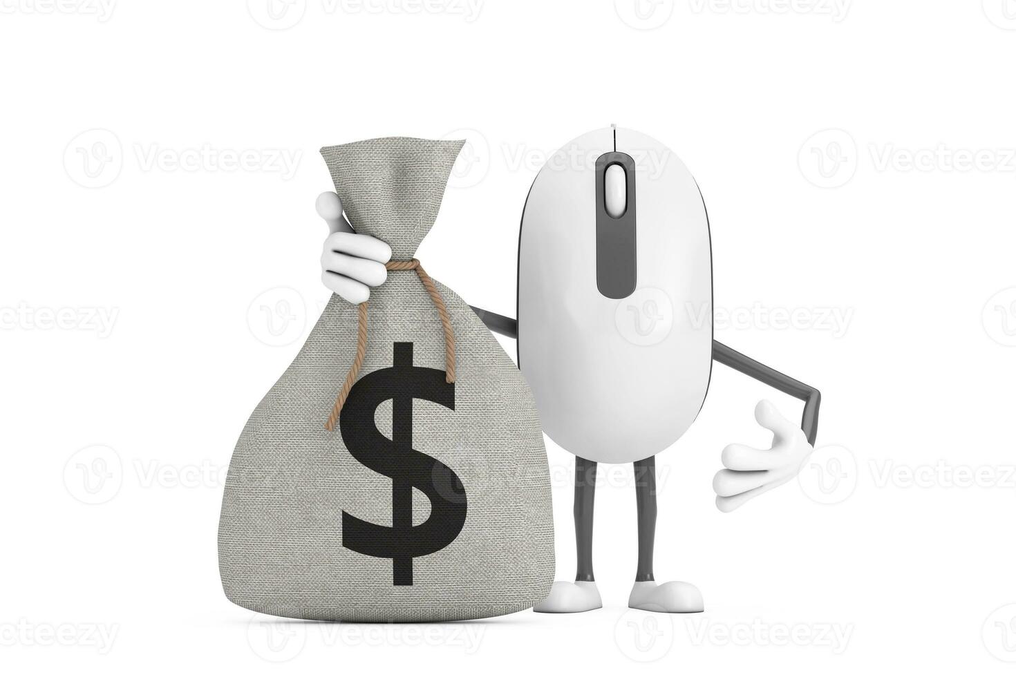 Computer Mouse Cartoon Person Character Mascot and Tied Rustic Canvas Linen Money Sack or Money Bag with Dollar Sign. 3d Rendering photo