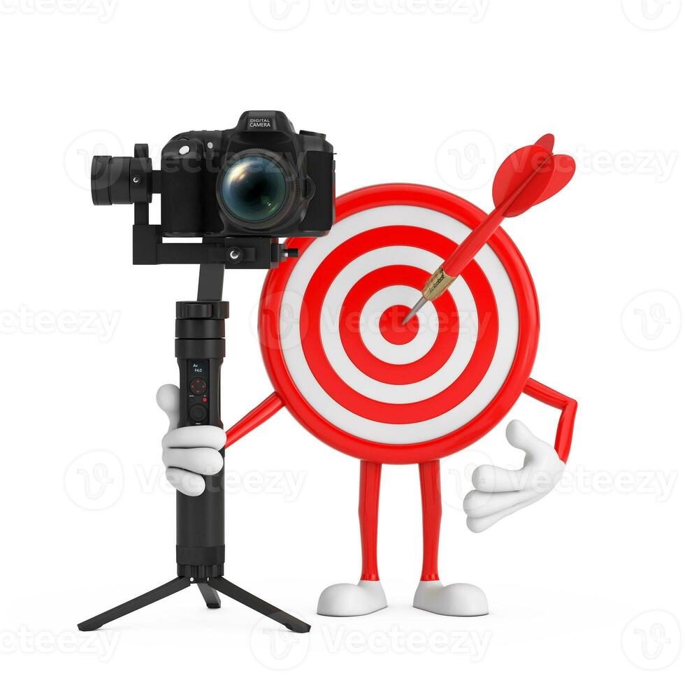 Archery Target and Dart in Center Cartoon Person Character Mascot with DSLR or Video Camera Gimbal Stabilization Tripod System. 3d Rendering photo