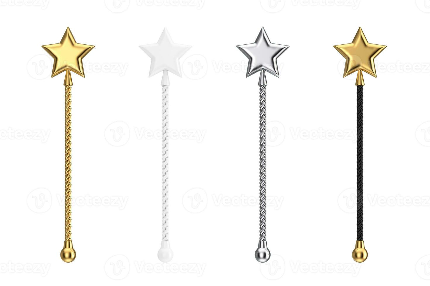 Golden, White, Silver and Black Magic Wands with Star on Top. 3d Rendering photo