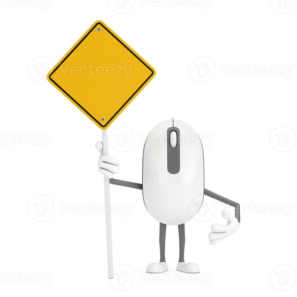 Computer Mouse Cartoon Person Character Mascot and Yellow Road Sign with Free Space for Yours Design. 3d Rendering photo