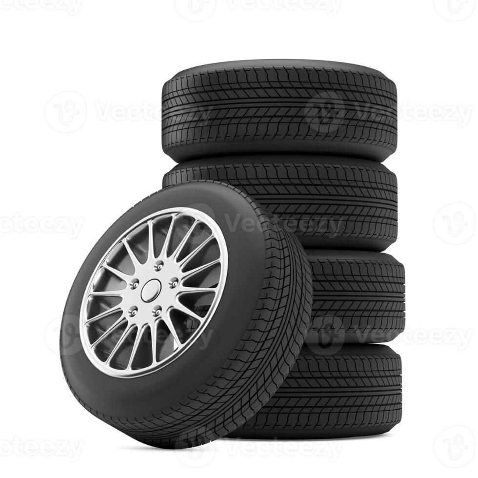 New Car Wheel Tires Pile. 3d Rendering photo