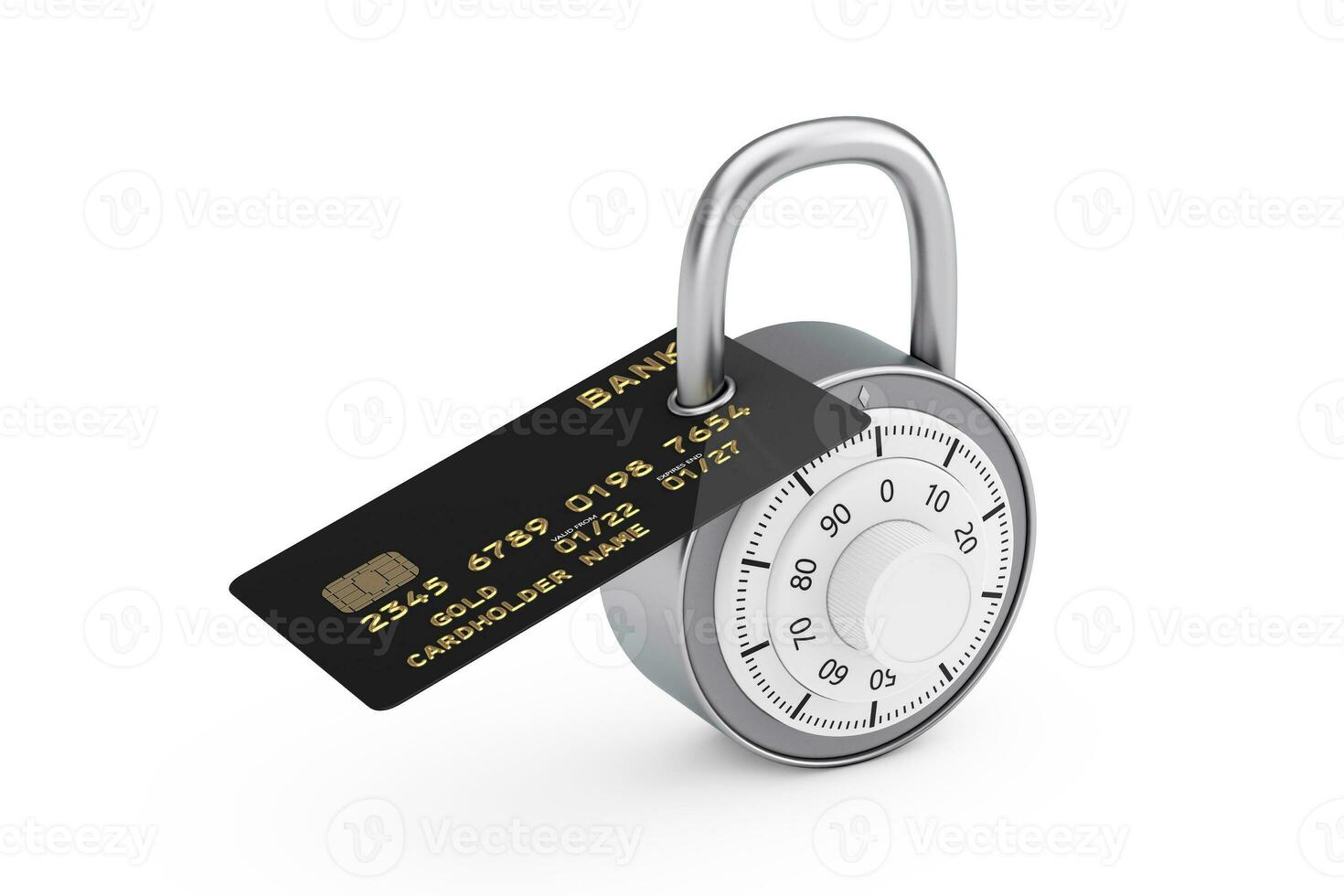 Security Combination Padlock with Black Plastic Golden Credit Card with Chip. 3d Rendering photo