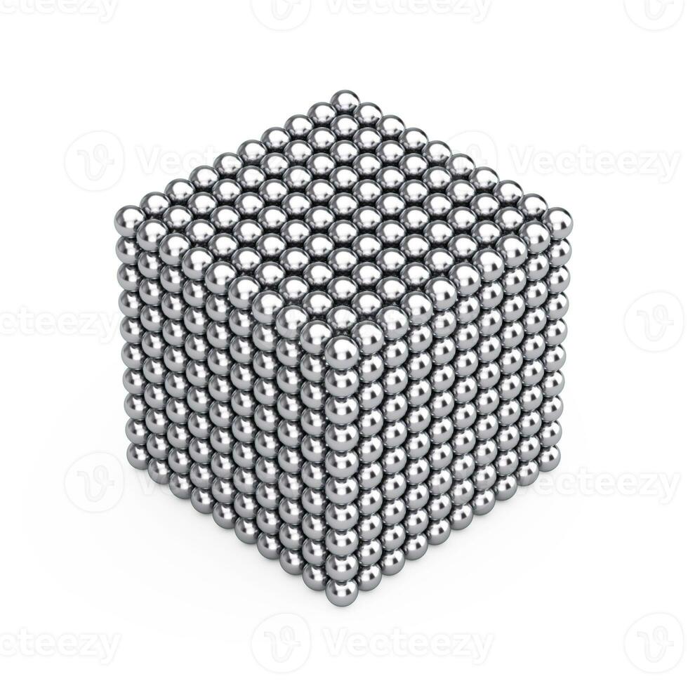 Abstract Stack of Chrome Metal Spheres Balls in Shape of Cube. 3d Rendering photo