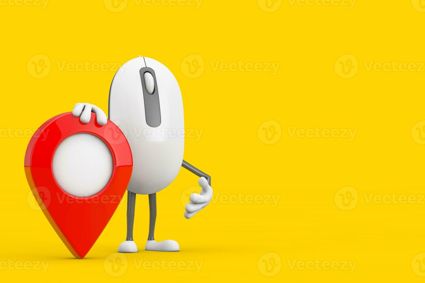 Computer Mouse Cartoon Person Character Mascot with Red Target Map Pointer Pin. 3d Rendering photo
