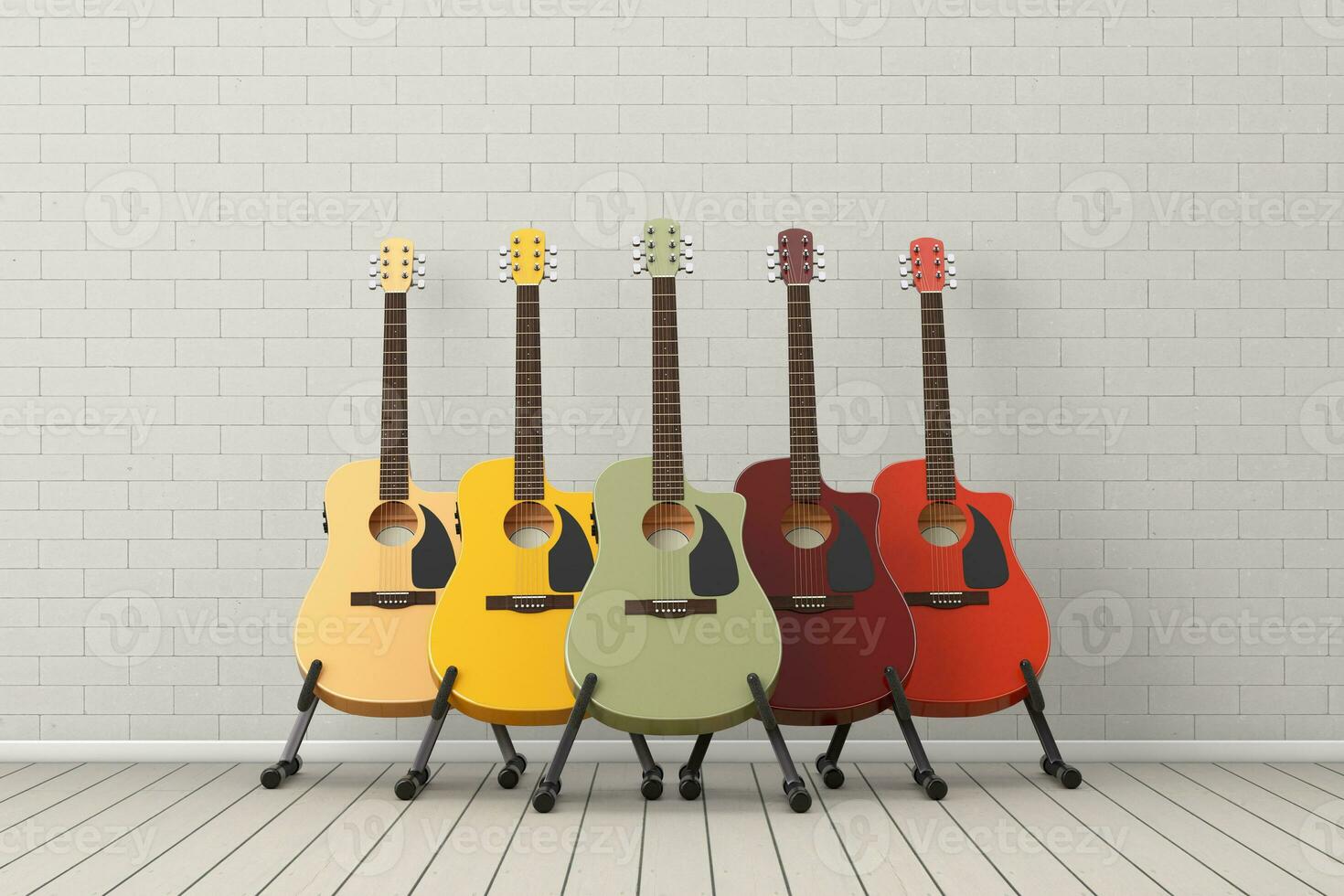 Colored Wooden Acoustic Guitars with Guitar Stand. 3d Rendering photo
