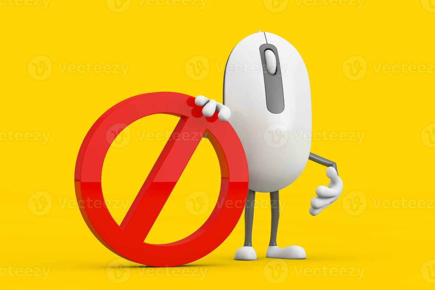 Computer Mouse Cartoon Person Character Mascot with Red Prohibition or Forbidden Sign. 3d Rendering photo