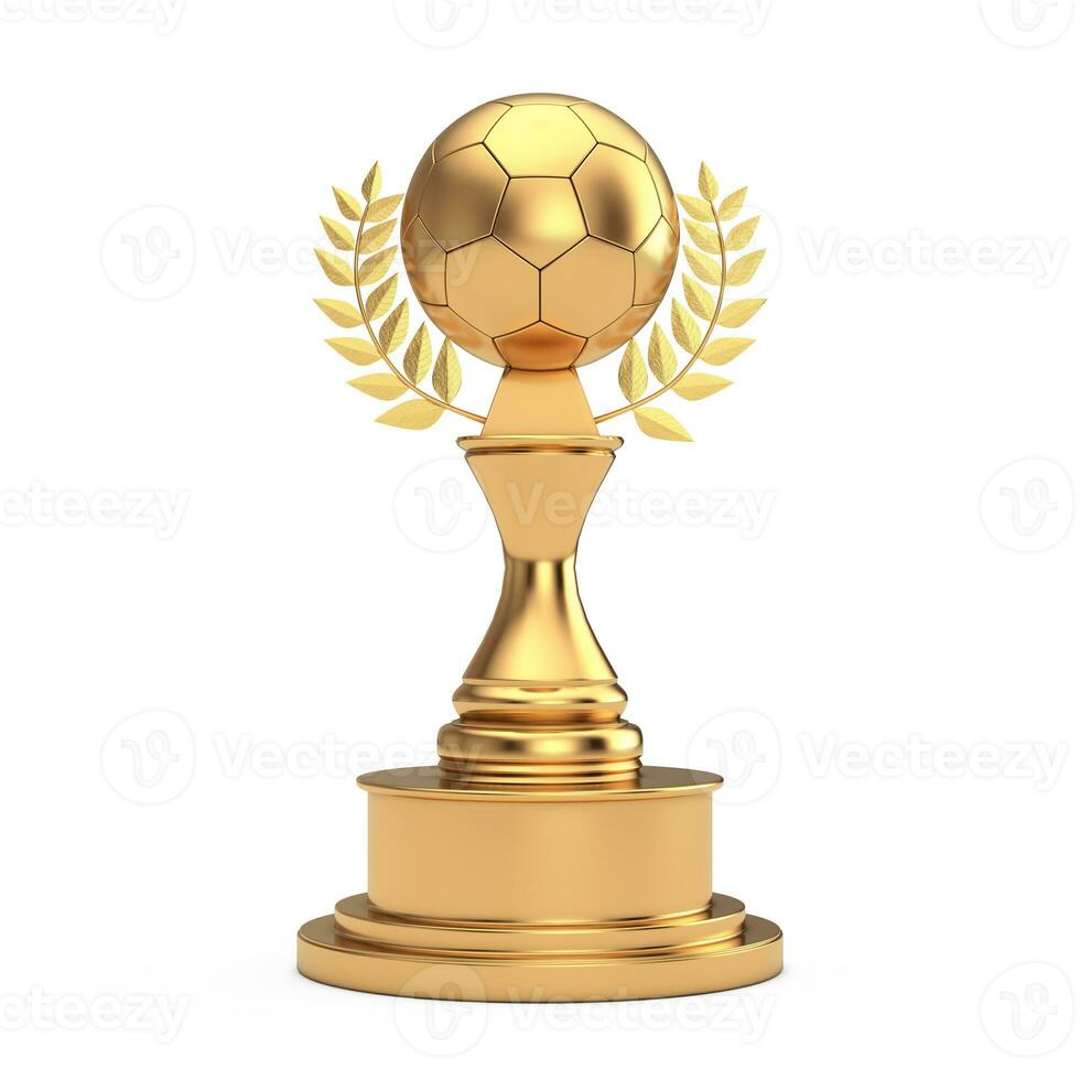 Golden Award Trophy with Golden Football Soccer Ball and Laurel Wreath. 3d Rendering photo