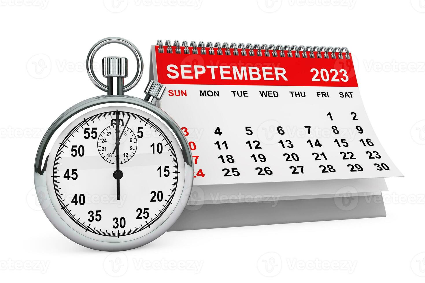 2023 año septiembre calendario con cronógrafo. 3d representación foto