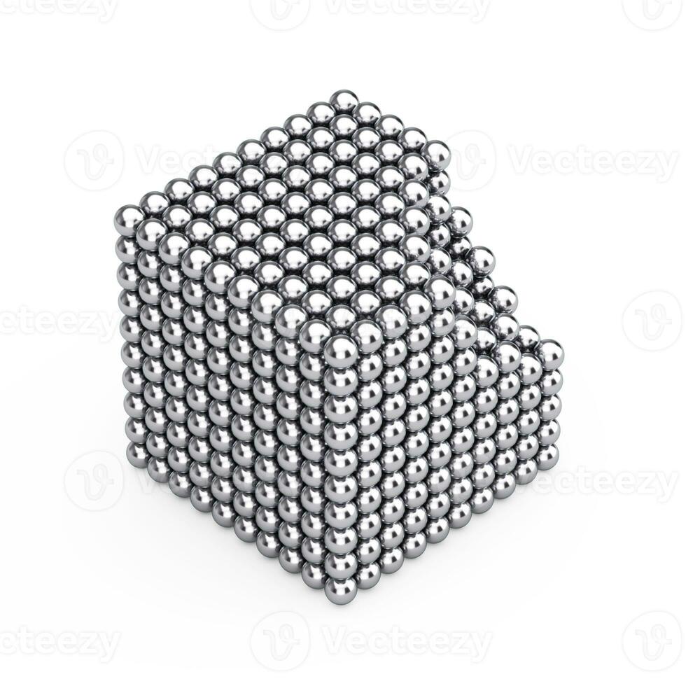 Abstract Stack of Chrome Metal Spheres Balls in Shape of Cube. 3d Rendering photo