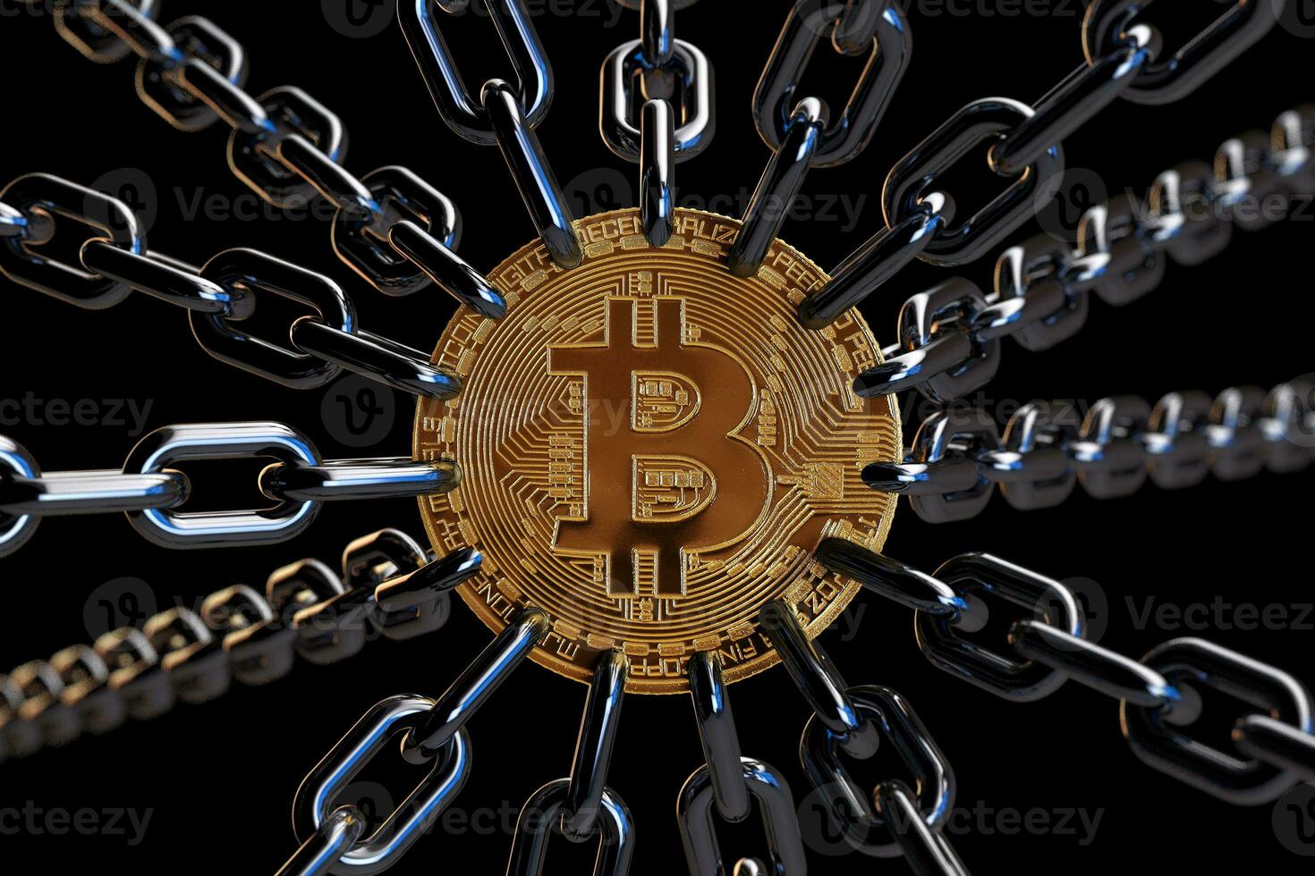 Block Chain Technology Concept. Golden Bitcoin Coin with Many Metal Chains. 3d Rendering photo