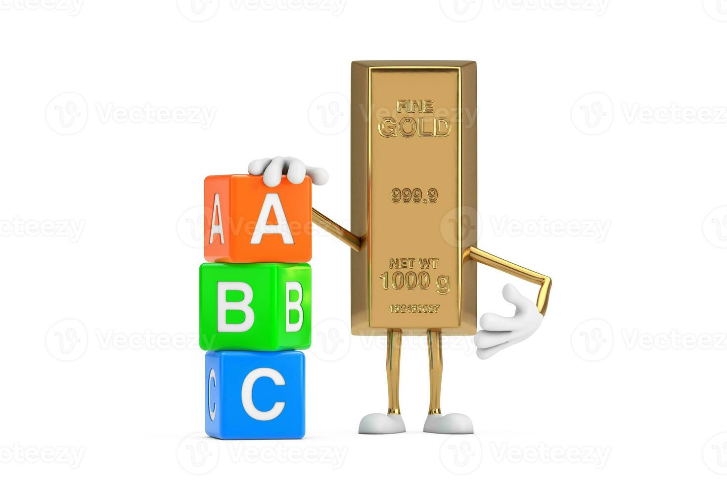 Golden Bar Cartoon Person Character Mascot with Alphabet ABC Education Cubes. 3d Rendering photo