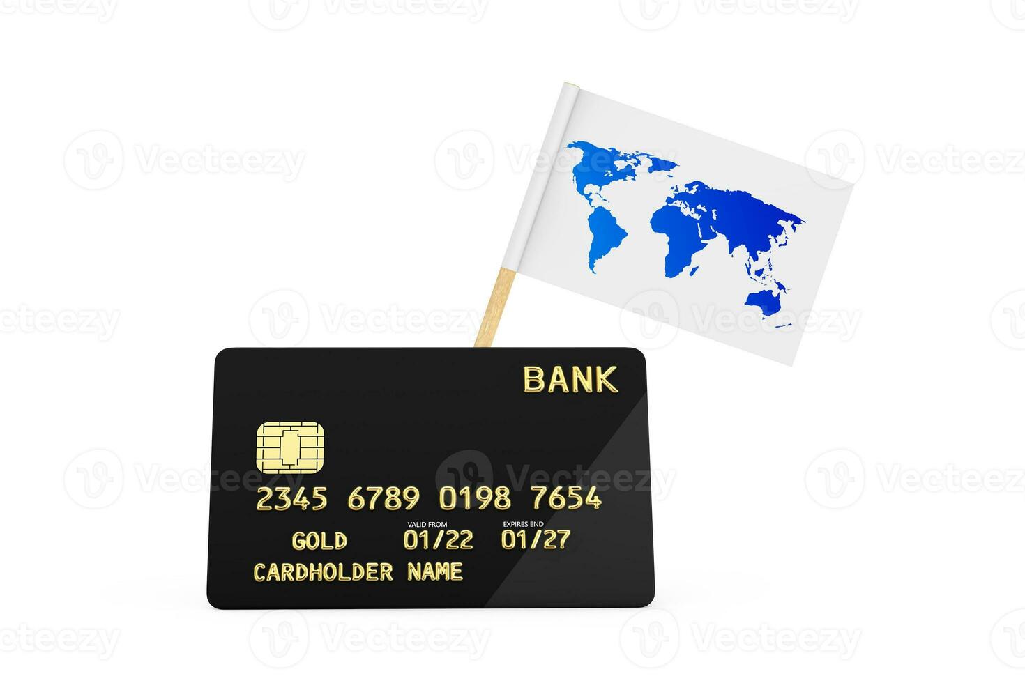 World Map Flag and Black Plastic Golden Credit Card with Chip. 3d Rendering photo