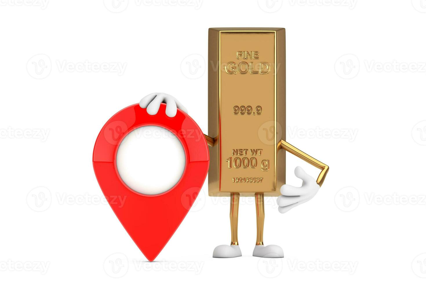 Golden Bar Cartoon Person Character Mascot with Red Target Map Pointer Pin. 3d Rendering photo