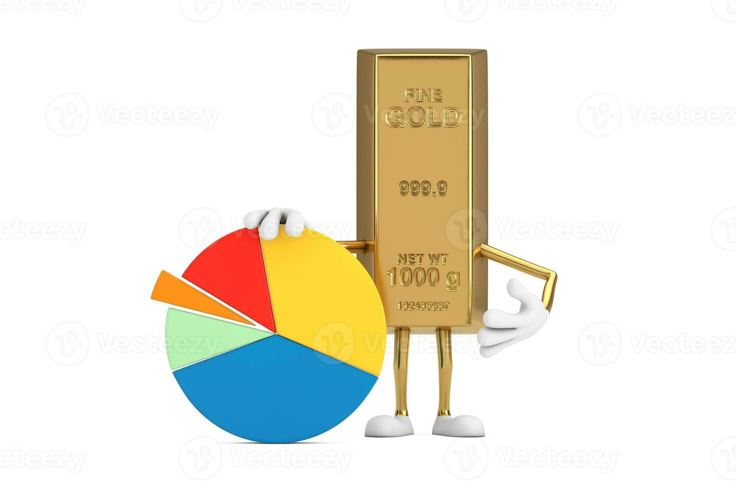 Golden Bar Cartoon Person Character Mascot with Info Graphics Business Pie Chart. 3d Rendering photo