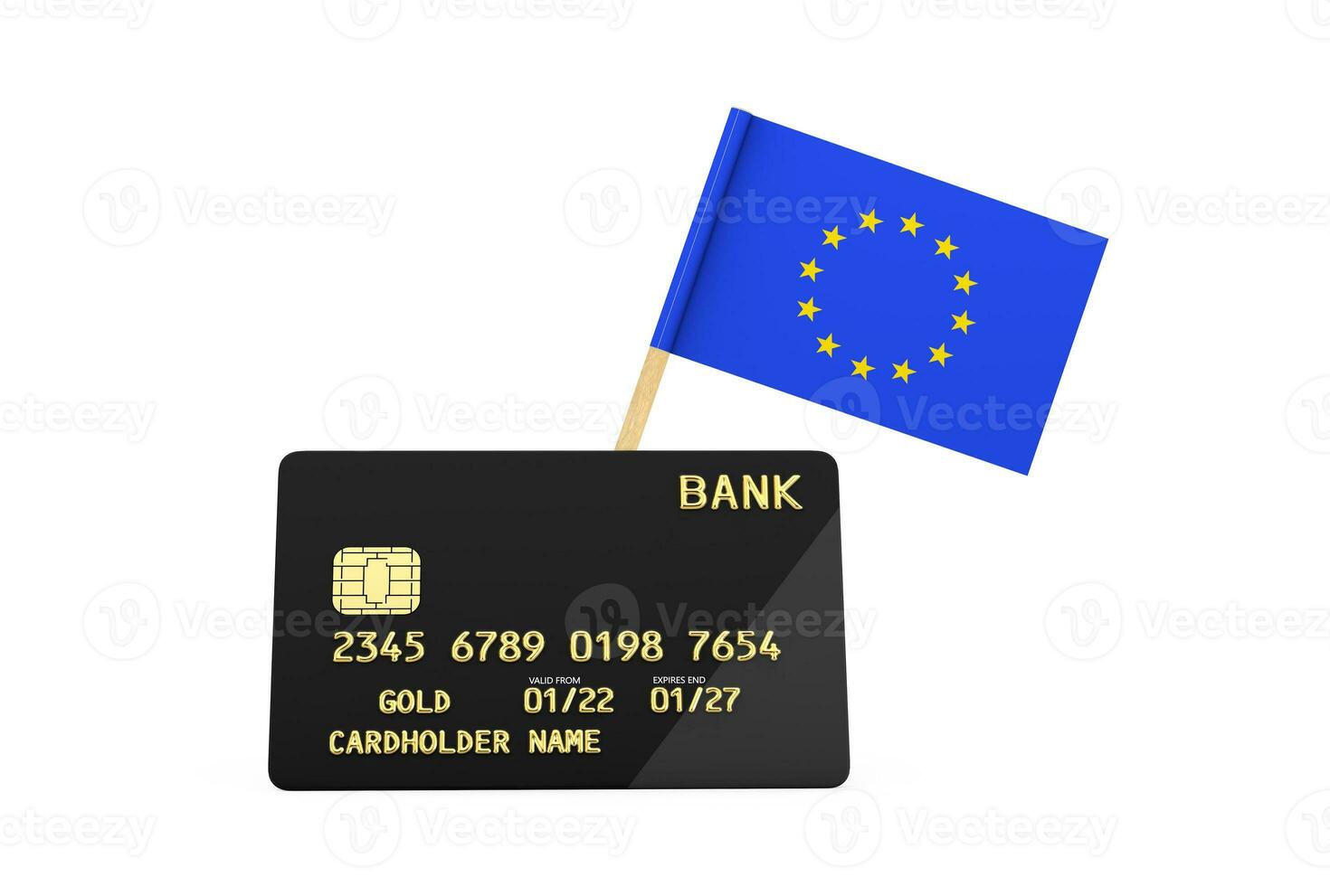 European Union Flag and Black Plastic Golden Credit Card with Chip. 3d Rendering photo