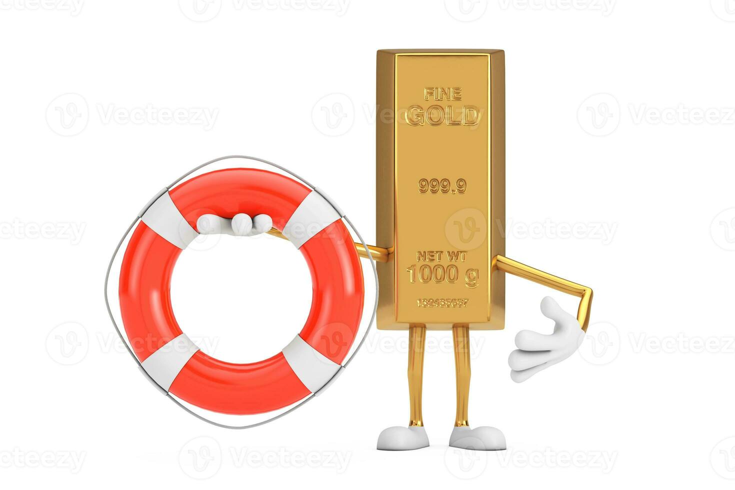 Golden Bar Cartoon Person Character Mascot with Life Buoy. 3d Rendering photo