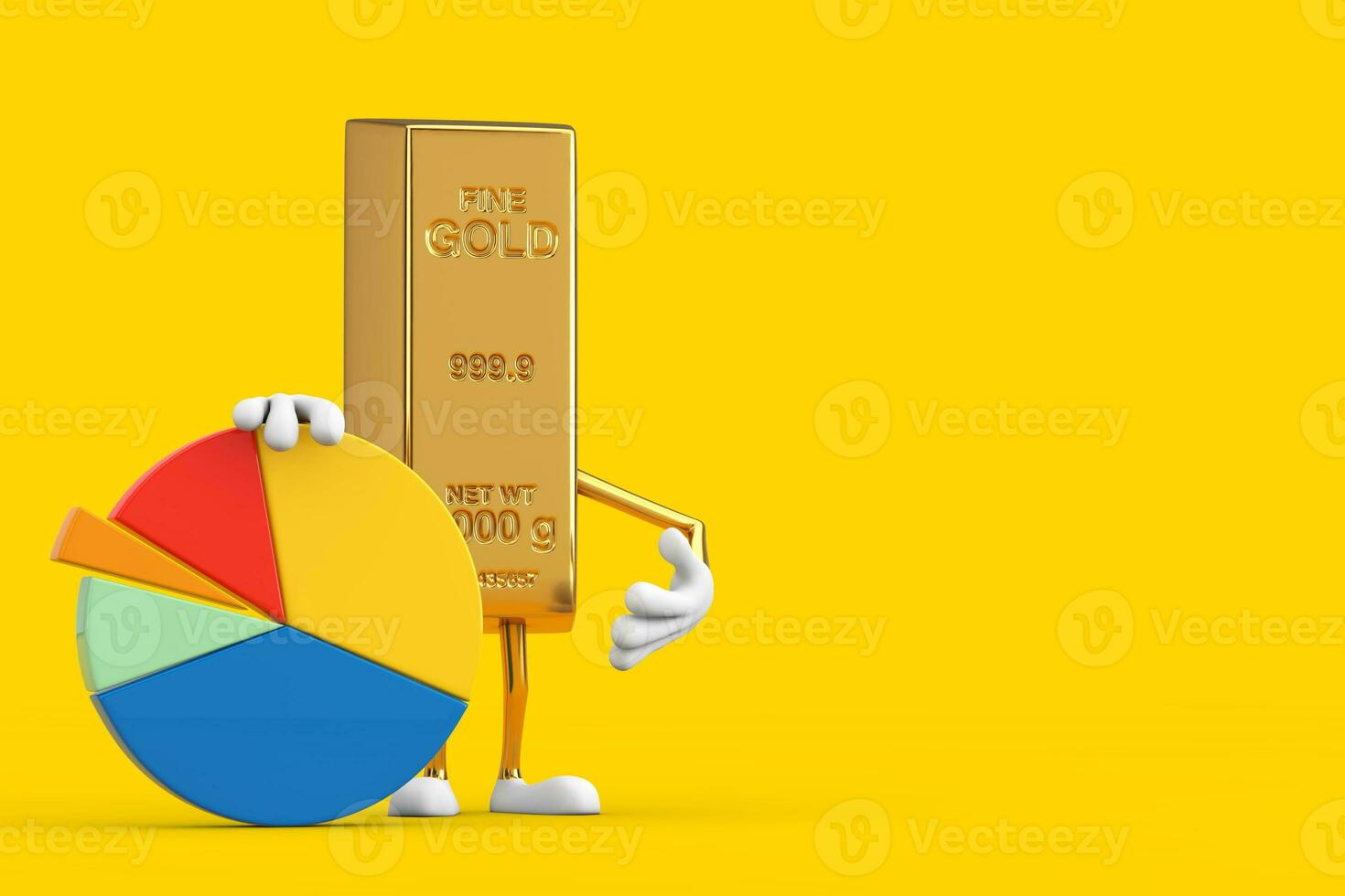 Golden Bar Cartoon Person Character Mascot with Info Graphics Business Pie Chart. 3d Rendering photo