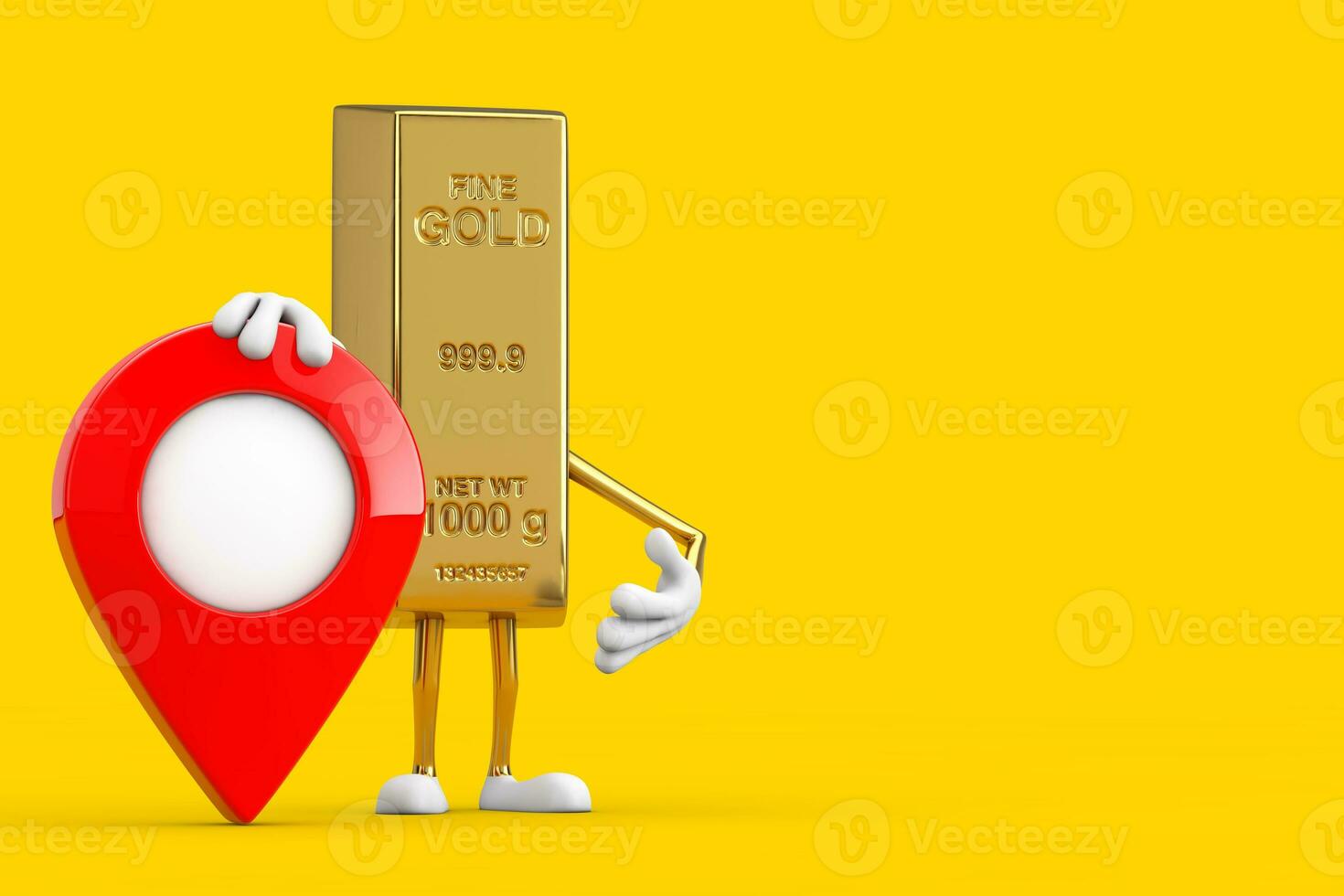 Golden Bar Cartoon Person Character Mascot with Red Target Map Pointer Pin. 3d Rendering photo