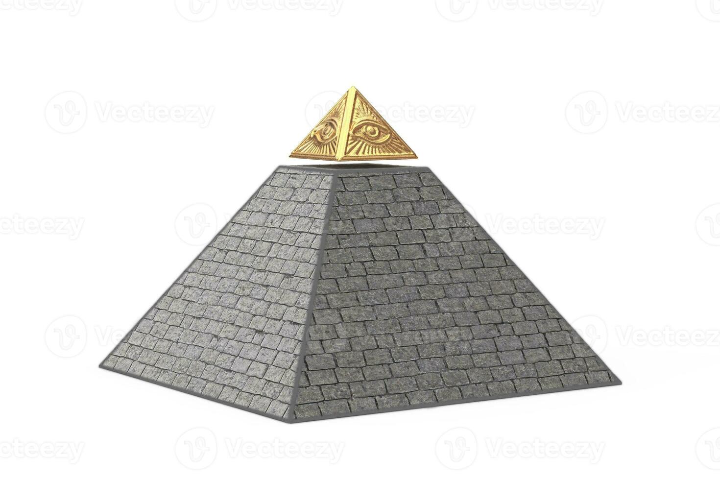 Stone Pyramid with Golden Top Masonic Symbol All Seeing Eye Pyramid Triangle. 3d Rendering photo