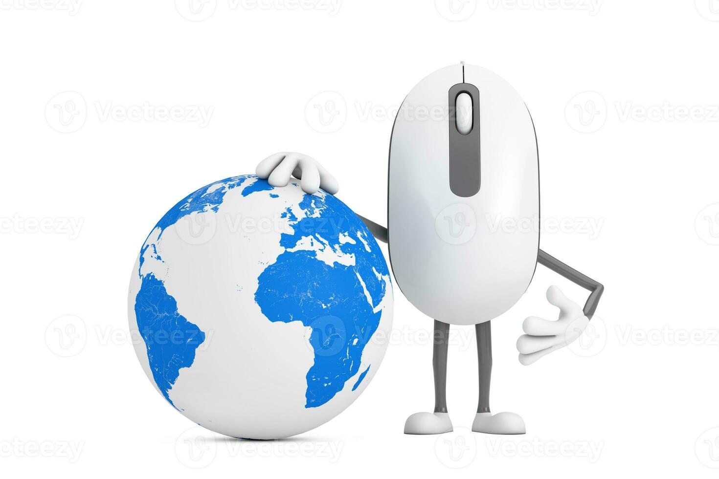 computadora ratón dibujos animados persona personaje mascota con tierra globo. 3d representación foto