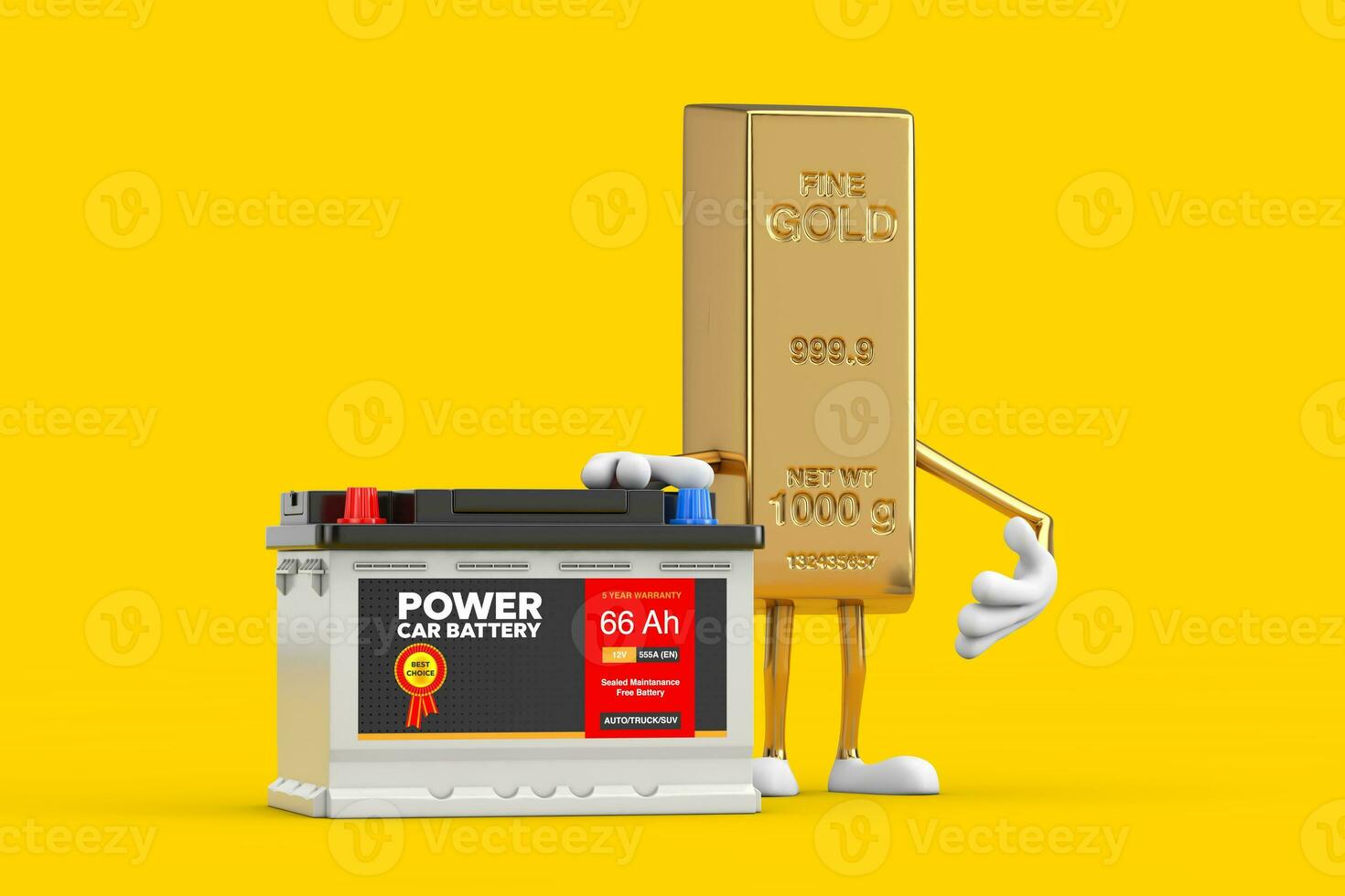 Golden Bar Cartoon Person Character Mascot and Rechargeable Car Battery 12V Accumulator with Abstract Label. 3d Rendering photo