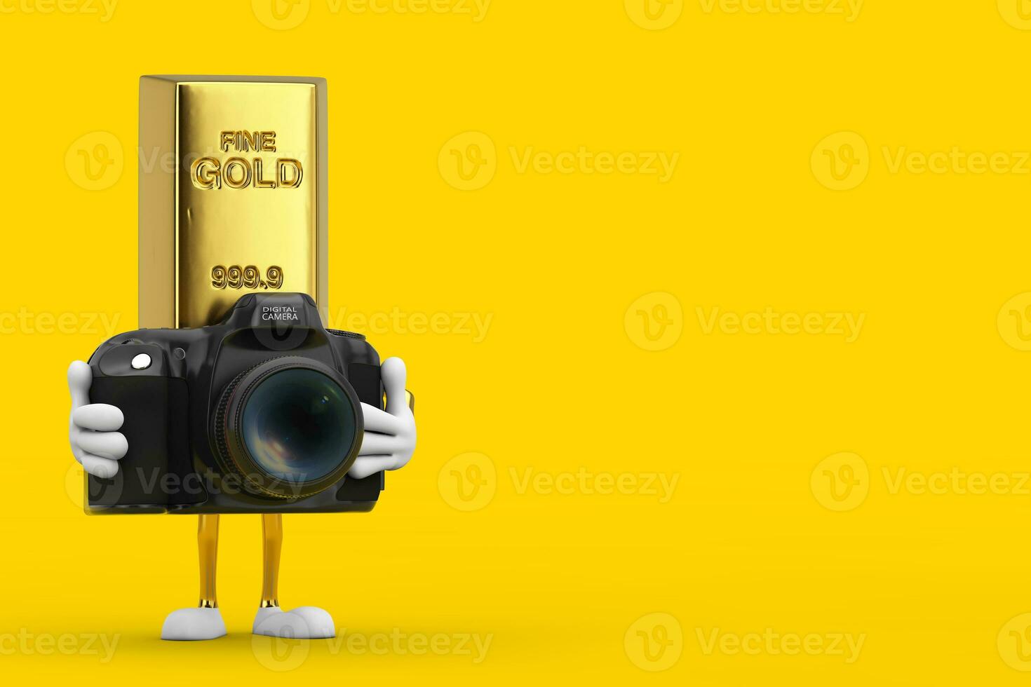 Golden Bar Cartoon Person Character Mascot with Modern Digital Photo Camera. 3d Rendering