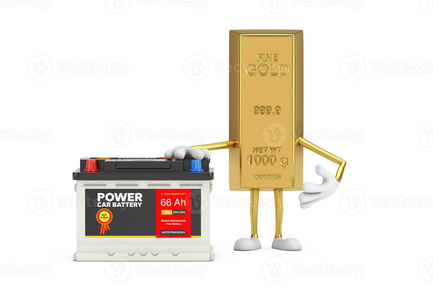 Golden Bar Cartoon Person Character Mascot and Rechargeable Car Battery 12V Accumulator with Abstract Label. 3d Rendering photo