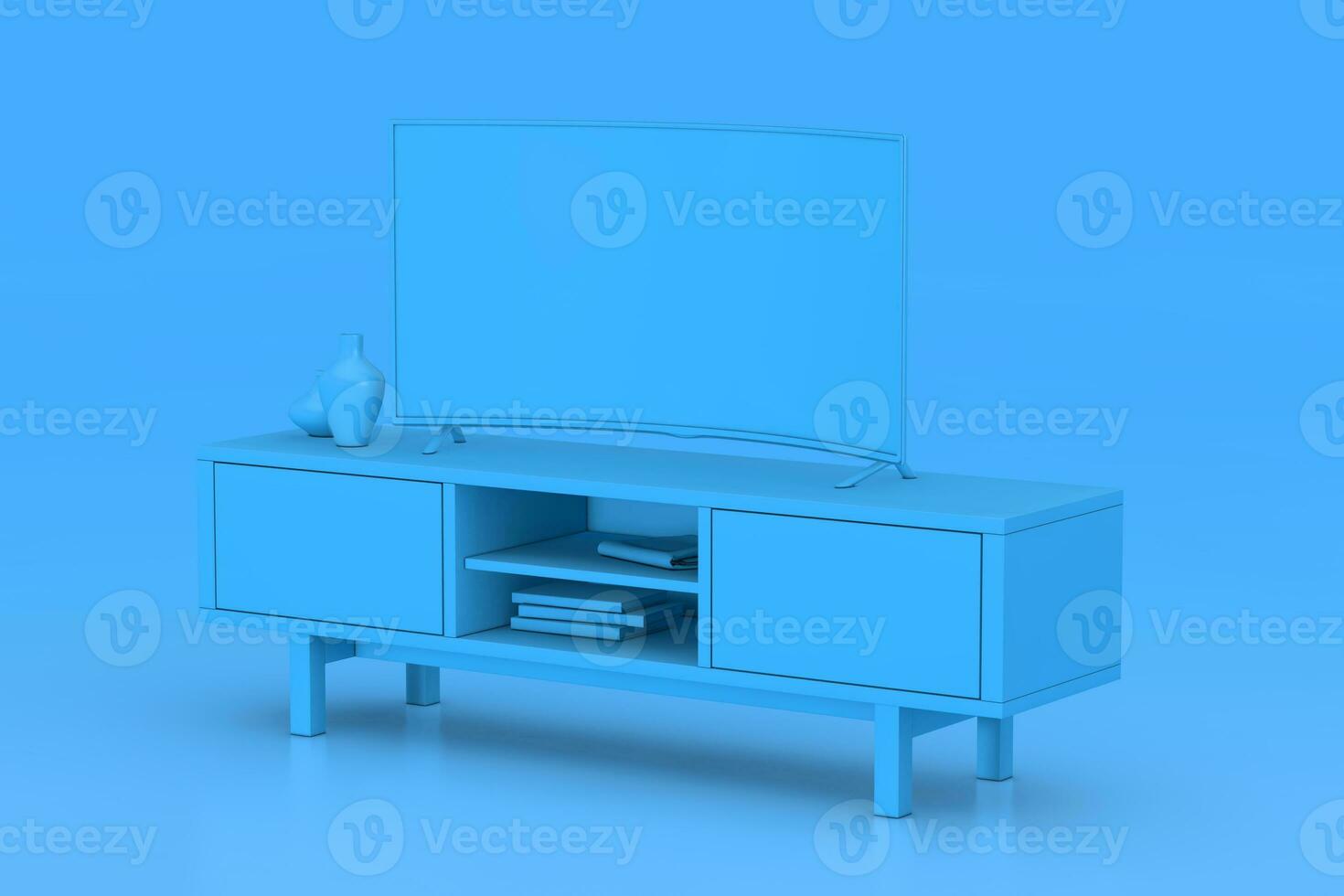 Monochrome Modern Blue Curved Led or LCD Smart TV Screen Mockup above Blue Console Rack. 3d Rendering photo